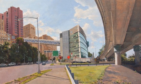 Painting of New York State Psychiatric Institute, bridge overhead, and street with cars