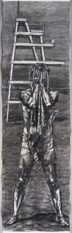 A long, narrow drawing with jagged edges. In the front center there is a man dying off with a towel covering his face.