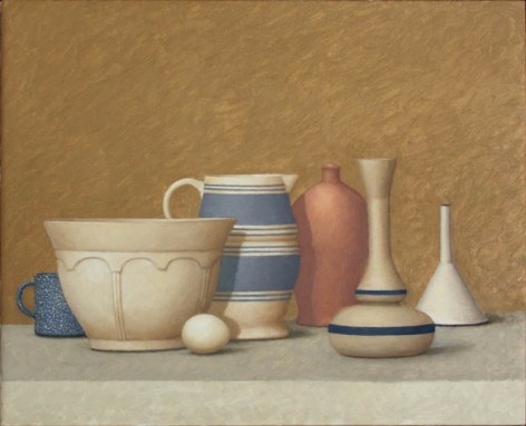 Ceramics and an egg sitting on gray surface in front of brown background