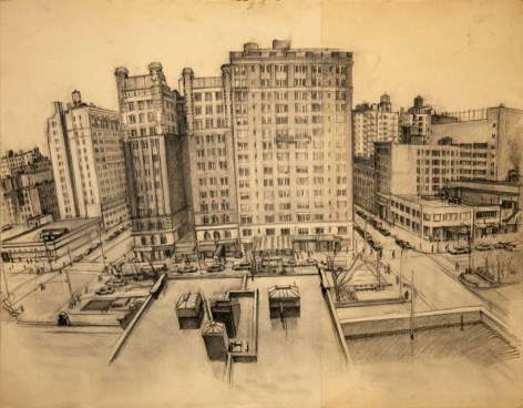 Rackstraw Downes drawing showing tall buildings as a cityscape