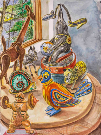 Philip Pearlstein watercolor showing antique toys on a round wooden table