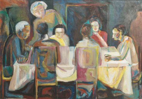 Oil painting of family eating Seder
