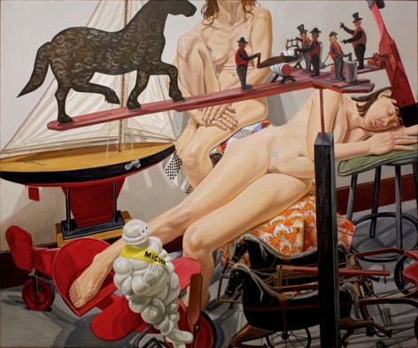 Two Models with Kiddie Car Airplane, Chariot, Whirlygig and Michelin Man, 2011, Oil on canvas