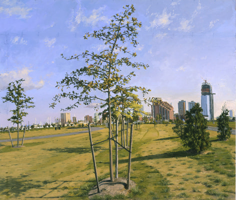 Young trees and bushes, grass, and new towers in background