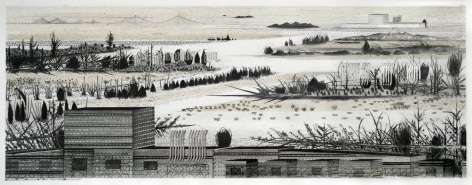 Hipkiss  Toddington to the Irish Sea, 2022  Graphite, silver ink and Caran d'Ache on 220gsm Fabriano 4 paper  40 x 100 cm | 16 x 40 in  Framed: 44 x 105 cm | 17 x 41 in