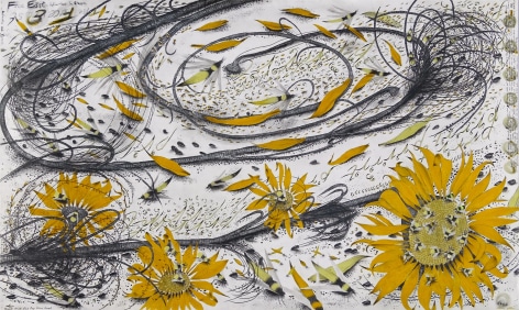 Hipkiss  Helianthus in Steppe, 2023  Graphite, silver ink, metal leaf and colored pencil on Fabriano 4 paper.  60 x 100 cm | 23 1/2 x 39 1/4 in