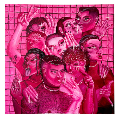 Juan Arango Palacios  Group Selfie, 2021  Acrylic and rhinestones on canvas  121.9 x 121.9 cm / 48 x 48 in