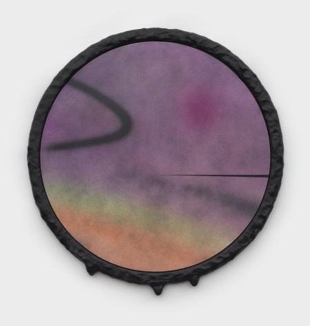 Wendy White  The Sun (Dripping), 2022  Acrylic on canvas, painted wood frame, steel, cotton rope, dibond  Diameter: 57 cm / 22 1/2 in