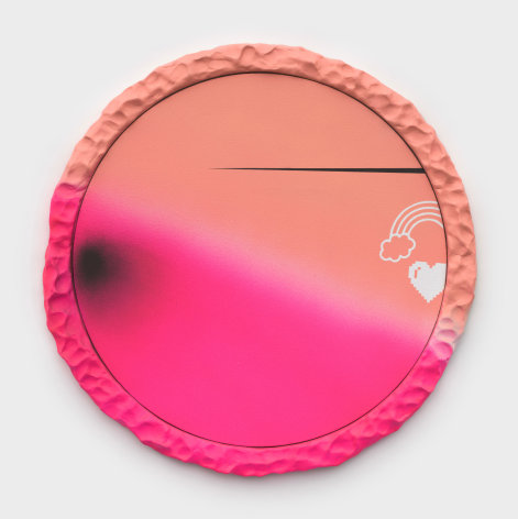Wendy White  Lens Flare (pink/orange), 2021  Acrylic on canvas, wood, epoxy resin  Diameter: 58.5 cm / 23 in