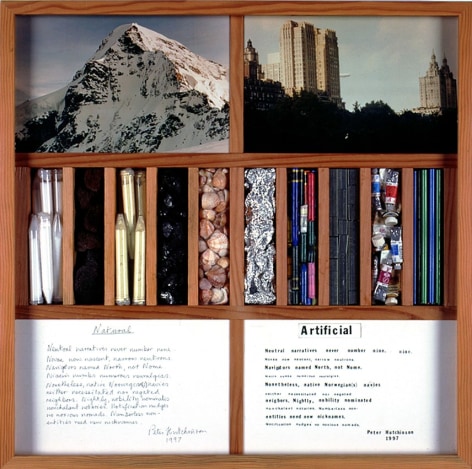 Peter Hutchinson  Natural / Artificial, 1997  Glass vials filled with powder, rocks, shells, aluminium, staples, crayons, pencils, paint tubes, photographs, ink on cardboard in shadow box  61 x 61 x 8 cm / 24 x 24 x 3 3/4 in