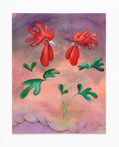 Jagoda Bednarsky Flower Power Cocks (Fight), 2022 Oil, acrylic, and gouache on canvas 135 x 105 cm / 53 x 41 1/4 in