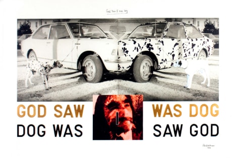 Peter Hutchinson  God Saw I Was Dog, 1974  Photo-collage, gouache, oil crayon, ink and text on board  104 x 154 cm / 41 x 60 1/2 in  Framed: 104 x 154 cm / 41 x 60 1/2 in