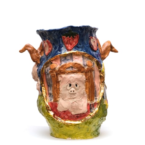 Emily Yong Beck  Pigs is Pigs 2, 2022  Stoneware, glaze, majolica and underglaze  30 x 29 x 20 cm / 11 3/4 x 11 3/8 x 7 7/8 in