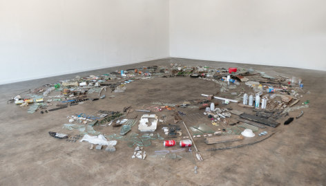 Erin Woodbrey  of the Sun&nbsp;(Baton Rouge, LA), 2022  Found objects, and fragments of plastic, paper, glass, foam, aluminum, tin, and organic matter  Variable dimensions