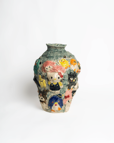 Emily Yong Beck  Sanrio Carved Infested Pot, 2023  Stoneware, majolica, and glaze  38 x 30 x 30 cm / 15 x 12 x 12 in