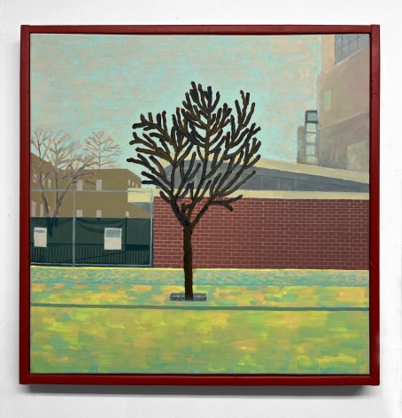 Masamitsu Shigeta  A tree and a brick wall, 2023  Oil on canvas with wood frame  63.5 x 63.5 cm | 25 x 25 inch