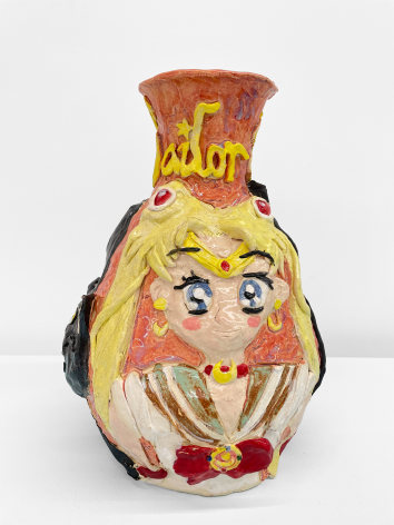 Emily Yong Beck  Sailor Moon Bottle Vessel, 2023  Stoneware, majolica, and glaze  32 x 25.5 x 25.5 cm | 12 1/2 x 10 x 10 in