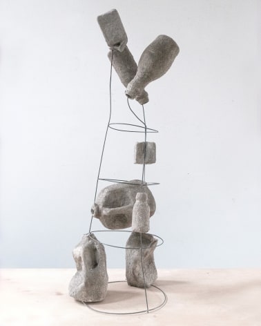 Erin Woodbrey  Milks (From the Carrier Bag Series),&nbsp;2023&nbsp;  Single-use plastic and glass containers, ash, plaster, gauze, and steel wire  109 x 56 x 38 cm | 43 x 22 x 15 in
