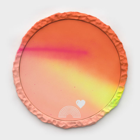 Wendy White  Lens Flare (pixel heart/rainbow), 2021  Acrylic on canvas, wood, epoxy resin  Diameter: 58.5 cm / 23 in