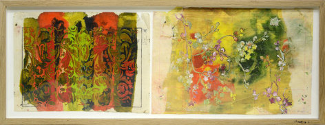 Judy Pfaff  Untitled, 2022  Oilstick and encaustic on vintage paper in artists frame  27.9 x 73.6 cm / 11 x 29 in