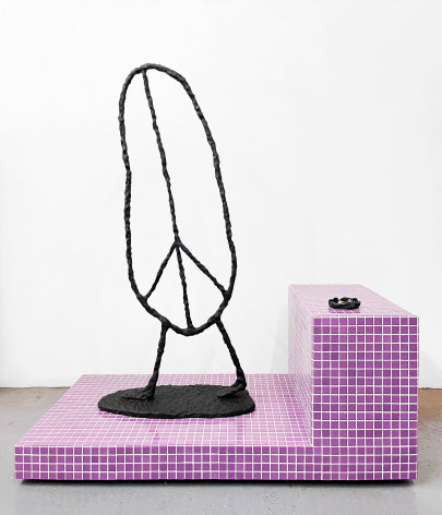 Wendy White  Alone in Public (Lavender Situation), 2022  Wood, recycled glass tile, aluminum, epoxy resin, paper cigarettes  Overall: 141 x 124.5 x 63.5 cm | 55 1/2 x 49 x 25 inch Pedestal: 53.5 x 63.5 x 124.5 cm | 21 x 25 x 49 inch Standing sculpture: 128.5 x 57 x 28 cm | 50 1/2 x 22 1/2 x 11 inch Ashtray: 10 x 10 x 2.5 cm | 4 x 4 x 1 inch