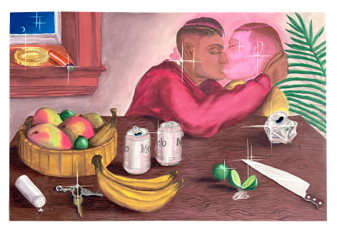 Juan Arango Palacios  Beso con Naturaleza Muerta, 2022  Pastel and colored pencil on paper  60.9 x 91.4 cm / 24 x 36 in