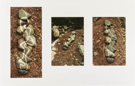 Andy Goldsworthy  River stones scratched white made in dried-up bed of Swindale Beck after a long hot summer over cast began to rain steadily just as I finished., 1983  Photo collage and writing on passepartout  71.5 x 111 cm / 28 x 44 in