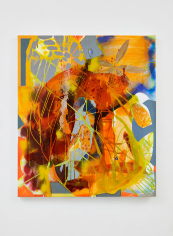 Erika Ranee  Half Measures, 2018  Acrylic, spray paint, shellac, and collage on canvas  106.6 &times; 91.4 cm | 42 &times; 36 in