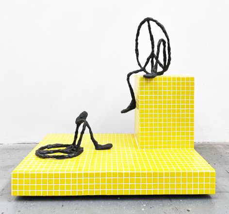 Wendy White  Alone In Public (Yellow Situation), 2022  Wood, recycled glass tile, aluminum, epoxy resin  Overall: 92.5 x 91.5 x 60 cm | 36 x 36 x 23 1/2 inch Pedestal: 54.5 x 60 x 91.5 cm | 21 1/2 x 23 1/2 x 36 inch Seated sculpture: 61 x 33 20 cm | 24 x 13 x 8 in Lying sculpture: 20.5 x 23 x 41 cm | 8 x 9 x 16 1/2 inch