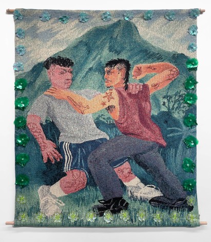 Juan Arango Palacios jacquard woven tapestry. Title: Pelea Frente a Monta&ntilde;a. Gaa Gallery