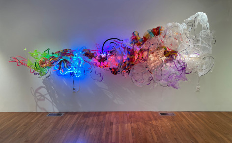 Judy Pfaff  Fish Story, 2021  Steel, melted plastic, acrylic, paper lanterns, fluorescent and neon lighting  142.2 x 434.3 x 88.9 cm / 56 x 171 x 45 in