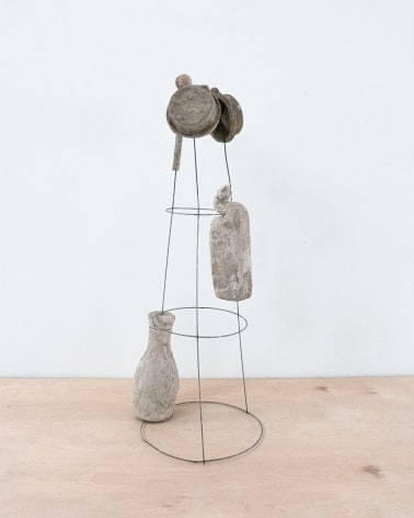 Erin Woodbrey  Swan Song (From the Carrier Bag Series), 2022  Single-use plastic containers, ash, plaster, gauze, and steel wire  90.17 x 34.29 x 30.48 cm / 35 x 13 1/2 x 12 in