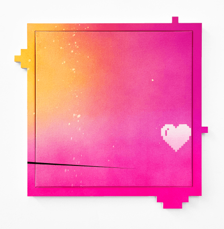 Wendy White  Bildpunkt (Pink Pixel Heart), 2023  Acrylic on canvas, PVC  57 x 57 x 2.5 cm. | 22 1/2 x 22 1/2 x 1 in.