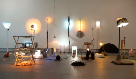 Erin Woodbrey  Illuminators for the Geologic Afterlife - 2022  Mixed-media light installation with found objects  Variable dimensions