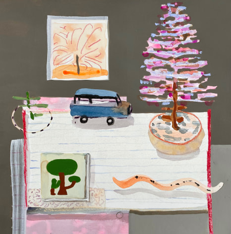 Erika Wastrom  Still Life with Trees, 2022  Mixed media on paper  46.3 x 45.7 cm / 18 1/4 x 18 in