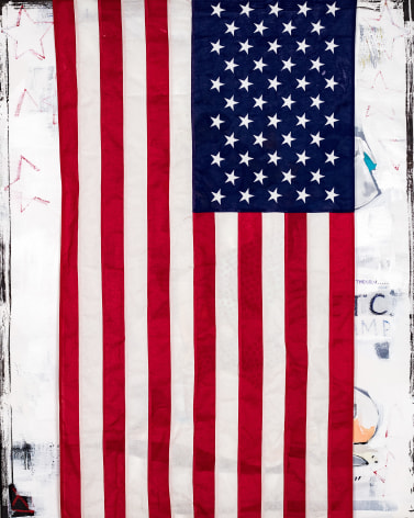 (Painfully Positive) The Replacement Theories, 2022 oil, oil stick, acrylic, house paint, graphite, enamel, cotton flag on canvas 60 x 48 inches