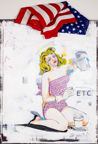 Julian V.L. Gaines  (Painfully Positive) The Replacement Theories, 2022  oil, oil stick, acrylic, house paint, graphite, enamel, cotton flag on canvas  60 x 48 inches