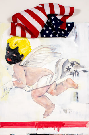 Julian Gaines. (Painfully Positive) All Babies Go to Heaven  2022  oil, house paint, acrylic, cotton flag on canvas  60 x 48 inches
