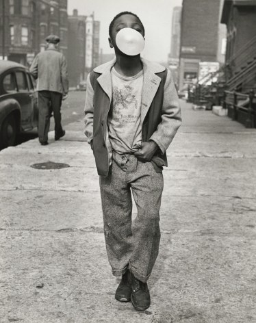 Boy Blowing Bubble Gum, Chicago, 1950  Gelatin silver print; printed later  9 3/8 x 7 3/8 inches