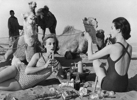 William Klein - Tatiana + Marie Rose + Camels, Picnic, Morocco, 1958 - Howard Greenberg Gallery