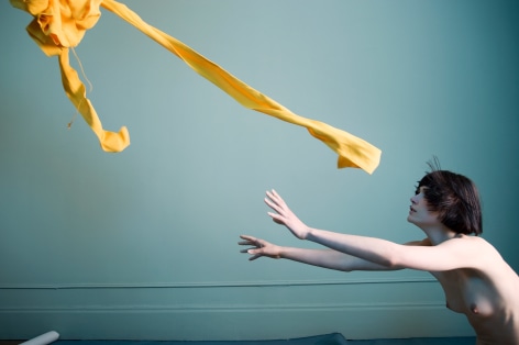 Sophie Delaporte, Nudes, Model with arms outstretched to yellow fabric, 2010, Sous Les Etoiles Gallery