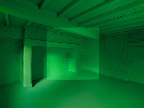 Georges Rousse, anamorphose, architecture, color, green, Montreuil, France, Sous Les Etoiles Gallery