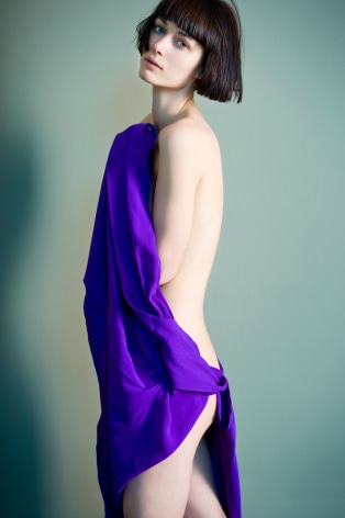 Sophie Delaporte, Nudes, Model facing camera with purple fabric, 2010, Sous Les Etoiles Gallery