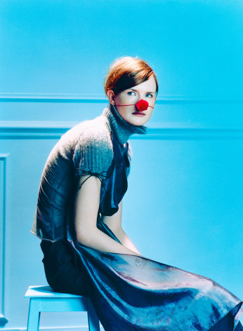 Sophie Delaporte, Early Fashion Work,  girl, Model sitting with red ball nose, Sous Les Etoiles Gallery