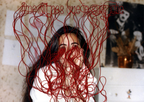 Carolle B&eacute;nitah, Photos-Souvenirs, Adolescence,  red silk thread, punctured eyes, Sous Les Etoiles Gallery