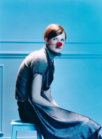 Sophie Delaporte, Early Fashion Work, Model sitting with red ball nose, Sous Les Etoiles Gallery