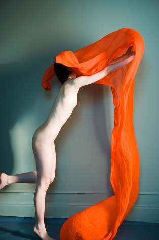 Sophie Delaporte, Nudes, Model pushing orange fabric, 2010, Sous Les Etoiles Gallery