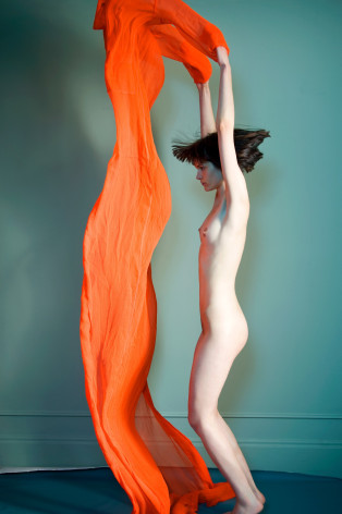 Sophie Delaporte, Nudes, Model jumping with orange fabric, 2010, Sous Les Etoiles Gallery