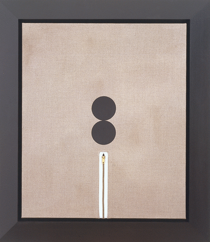 ALT="Donald Moffett, Lot 020807, 2007, Oil, rabbit skin glue on linen with rayon, steel zipper, in maple frame"