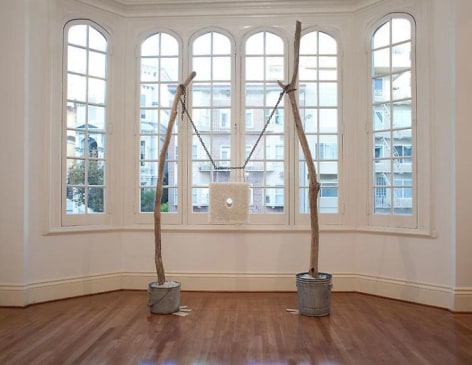 ALT="Donald Moffett, Lot 030111 (The Central O), 2011, Oil on linen with wood panel support, galvanized buckets, chain, wire, concrete, driftwood"